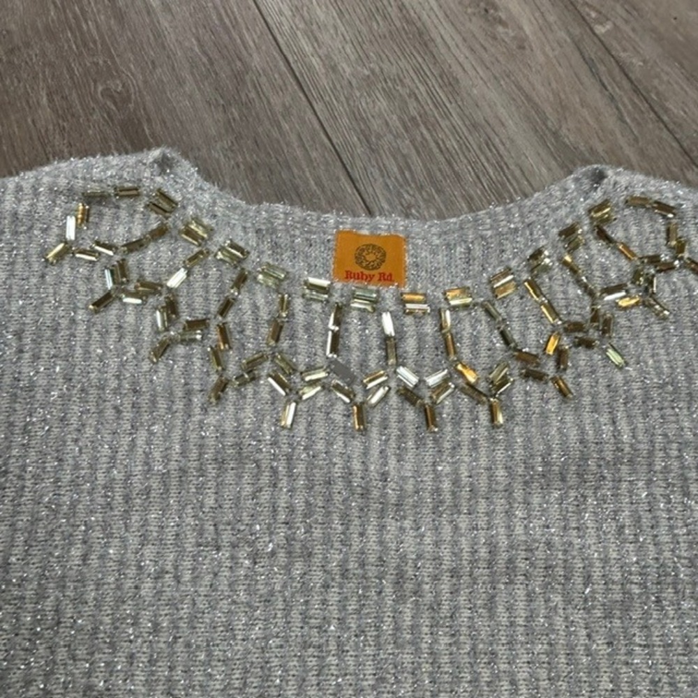 Ruby Rd. Silver Metallic Crystal Rhinestone Embellished 3/4 Sleeve Sweater XL